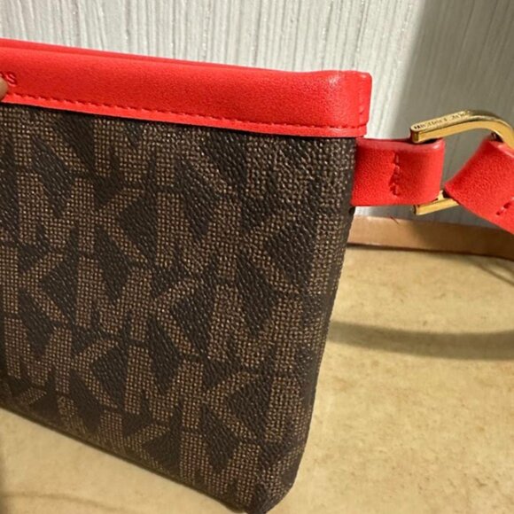 Michael Kors Brown Monogram Canvas Crossbody Bag with Red Leather Trim - Picture 6 of 8